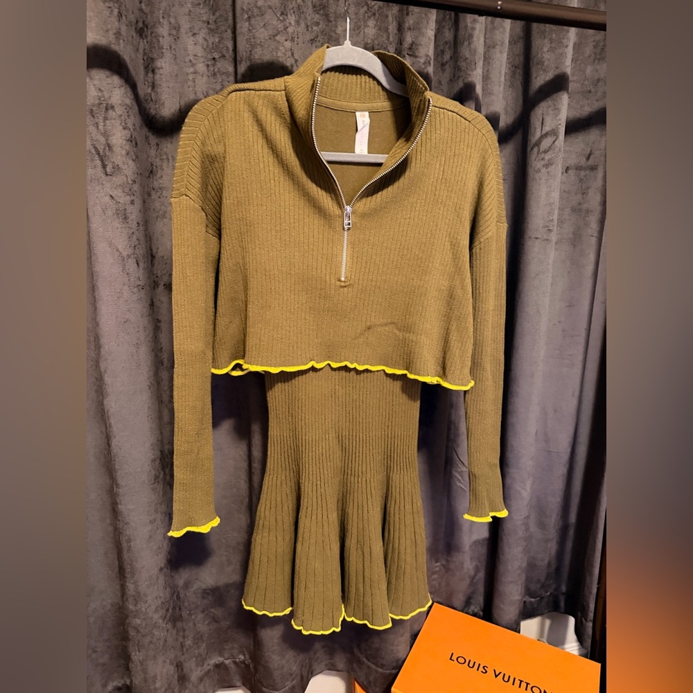Daily Practice Olive Green Long Sleeve Dress with Yellow Trim